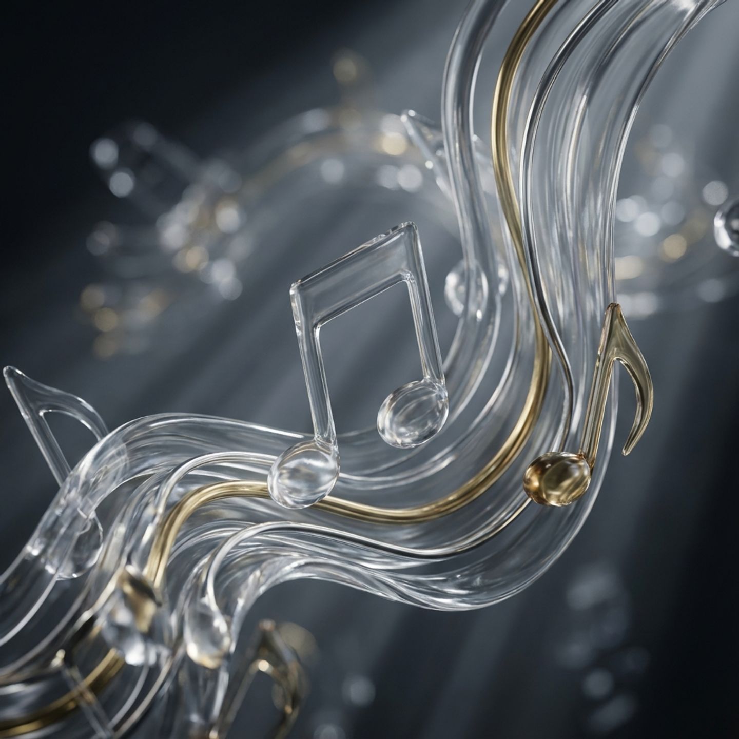 Abstract musical notes and sound waves flowing through space with translucent, glass-like forms and soft lighting effects