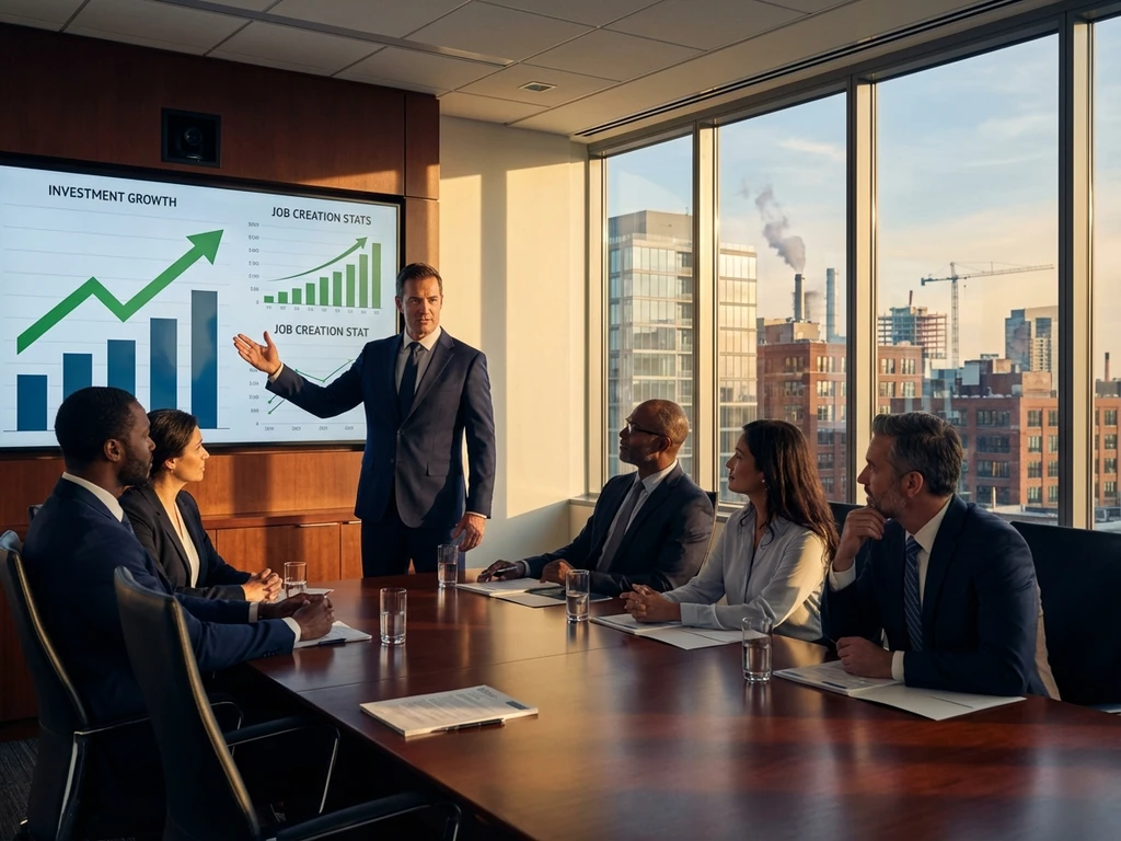 Business executive presenting growth charts to diverse corporate leaders in modern boardroom with city view