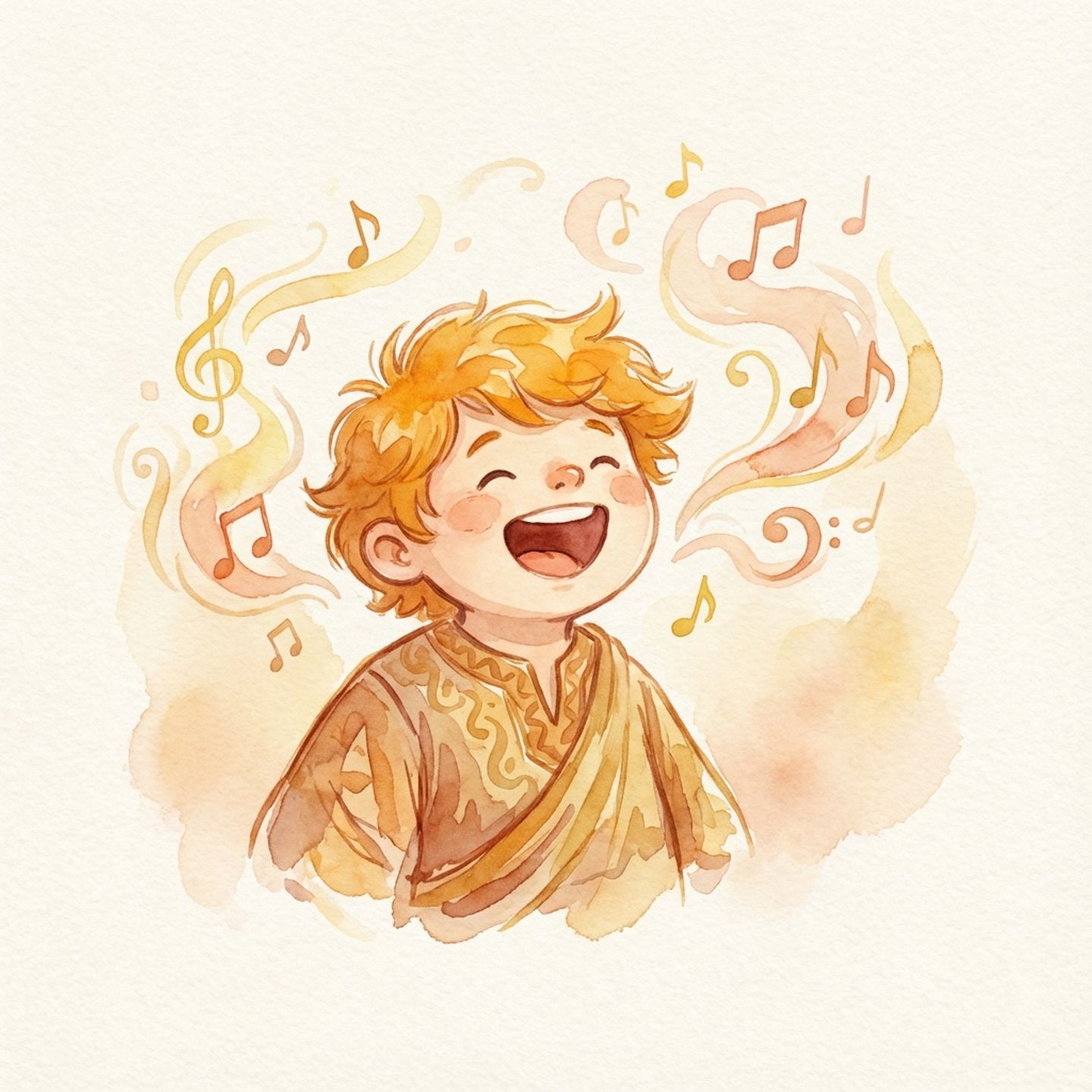 Joyful character singing with musical notes swirling around their head, watercolor illustration in warm peachy tones