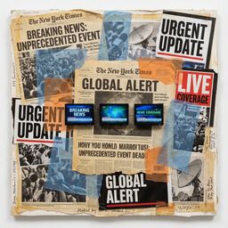Mixed media collage of layered newspaper fragments, headlines, photos, and digital screens showing breaking news content