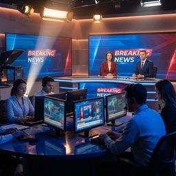 Journalists working at modern workstations with glowing monitors in a dynamic newsroom under dramatic studio lighting