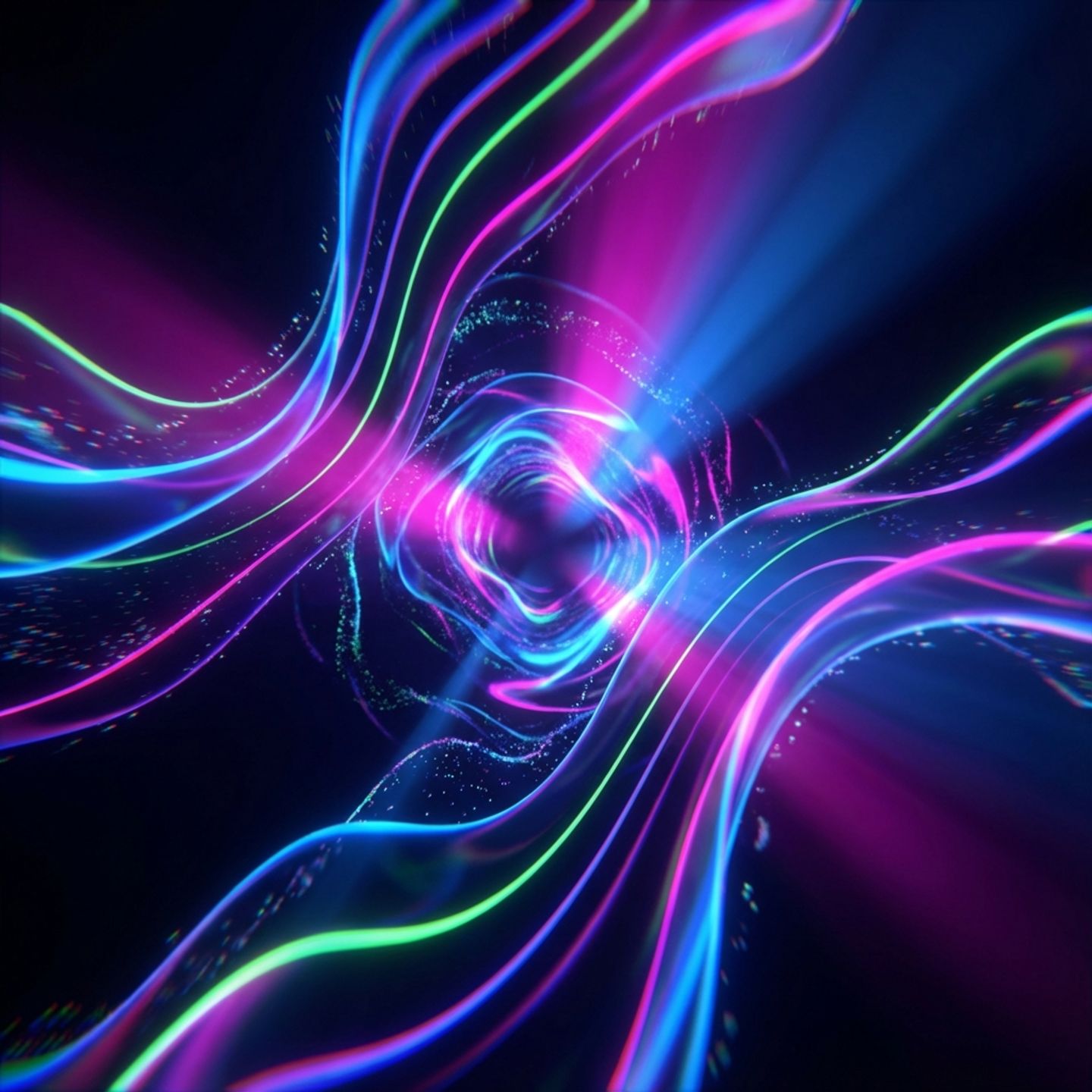 Abstract digital art with flowing neon wave forms in electric blue and magenta colors with dynamic particle effects