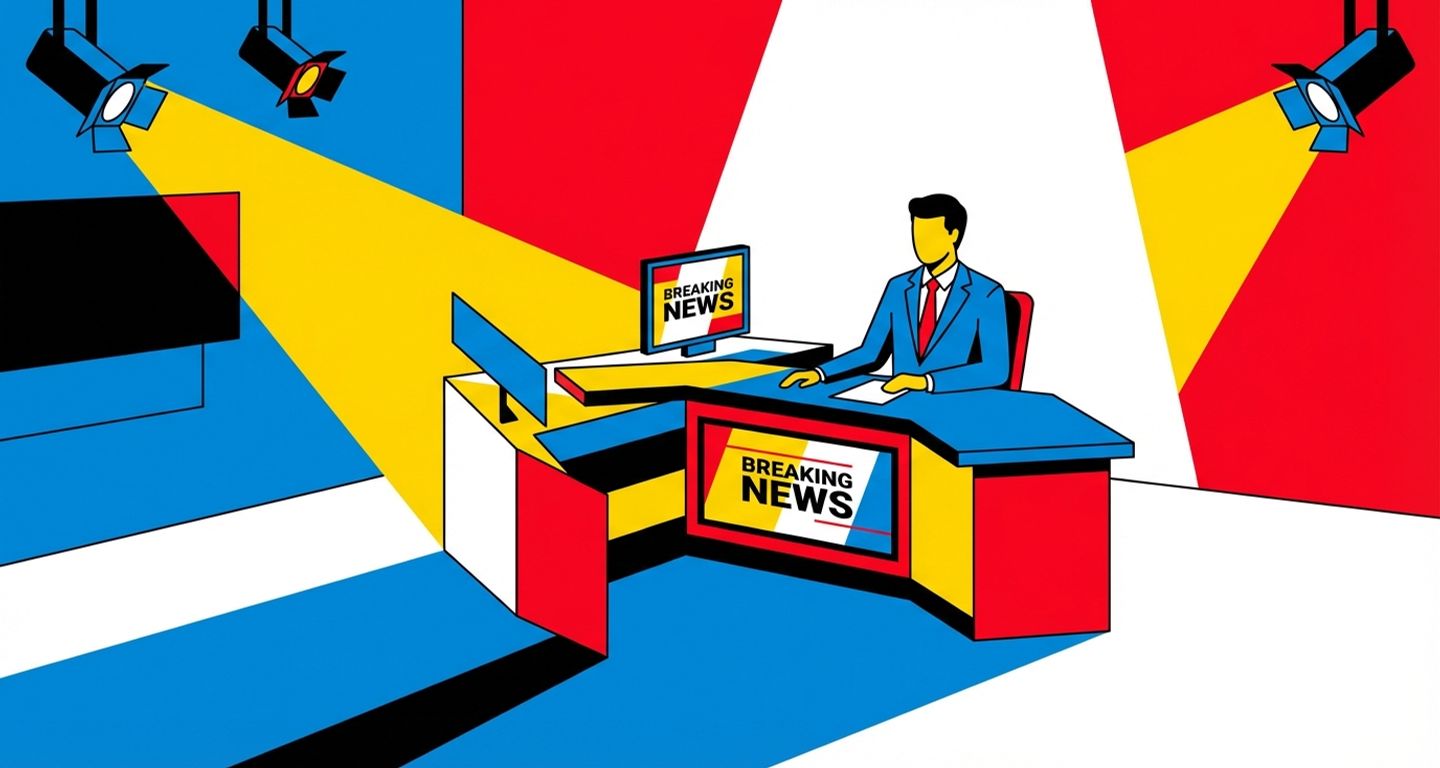 News anchor at broadcast desk delivering breaking news in modern studio with dramatic lighting