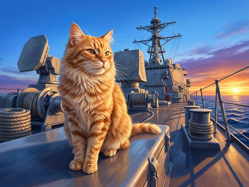 Orange tabby cat sitting on Navy destroyer deck with ocean and blue sky background, digital art style.
