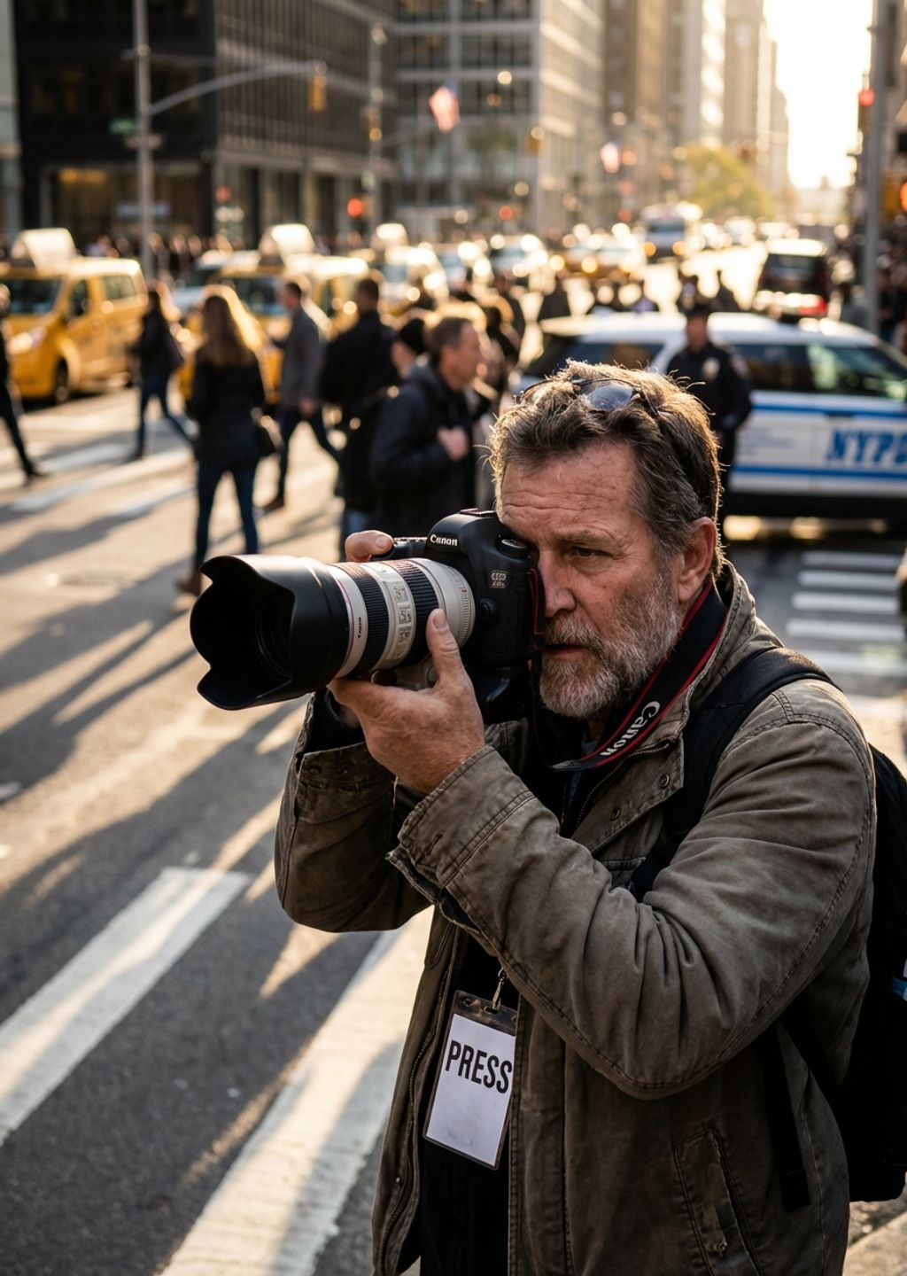 Professional news photographer with DSLR camera and press badge capturing breaking news at busy city intersection during golden hour.
