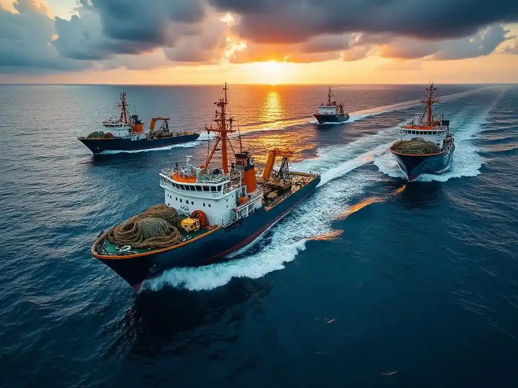 "Aerial view of commercial fishing boats operating in Atlantic Ocean waters under dramatic cloudy sky at golden hour"