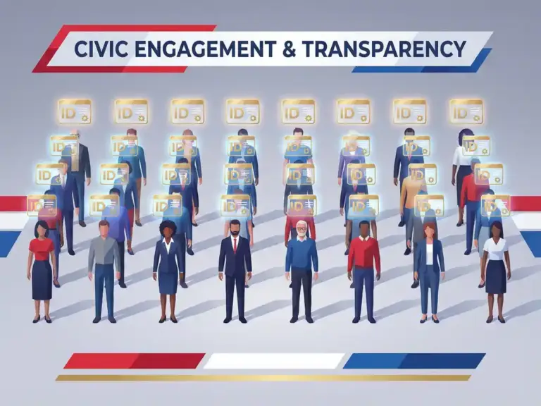 "Digital illustration of diverse citizens in rows with floating ID badges, rendered in patriotic red, white, and blue colors"