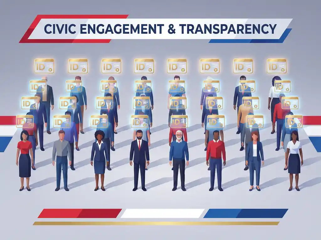 "Digital illustration of diverse citizens in rows with floating ID badges, rendered in patriotic red, white, and blue colors"