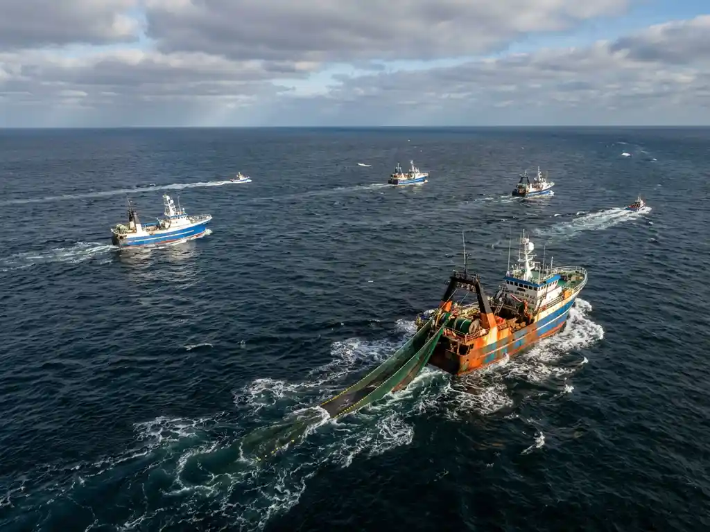 "Aerial view of commercial fishing boats with nets deployed in deep blue Atlantic Ocean waters under partly cloudy sky."