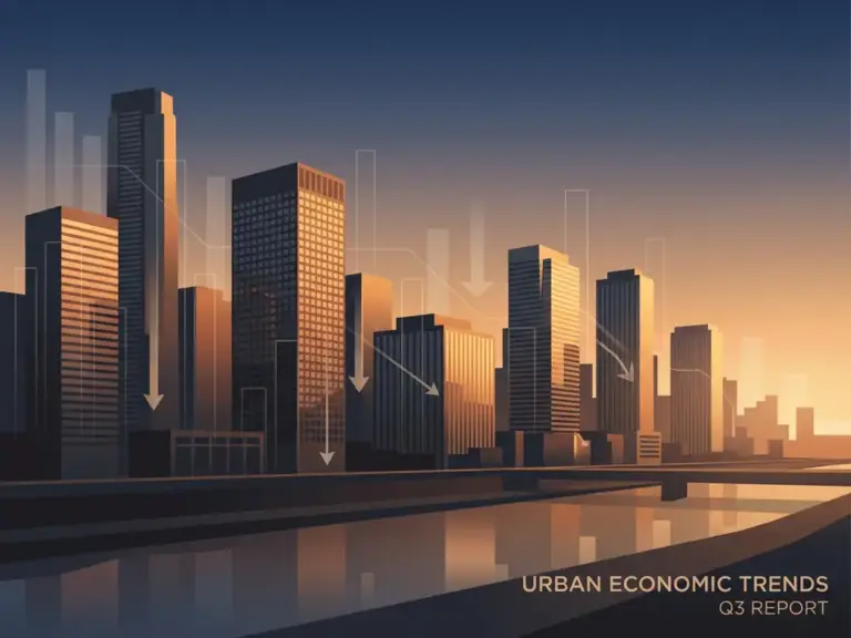 "Modern city skyline at dusk with declining statistical trend lines integrated into warm blue-orange gradient sky"