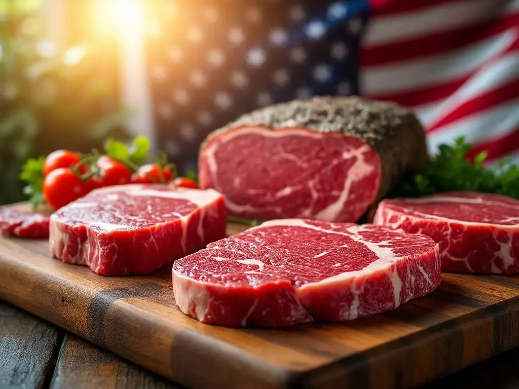 "Premium marbled beef cuts arranged on wooden butcher block with soft lighting and American flag in background"