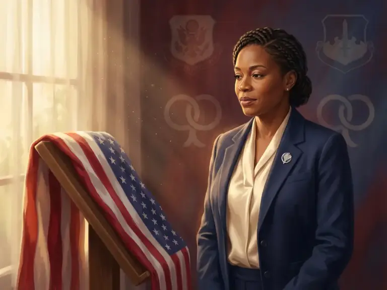 Professional woman in formal attire standing beside American flag with warm lighting and military insignia in background.