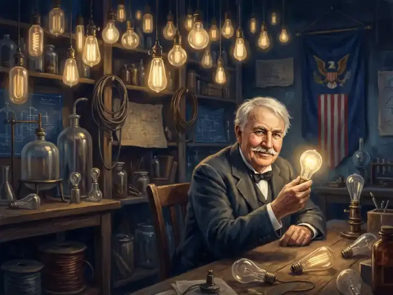 Digital art portrait of Thomas Edison in his laboratory surrounded by glowing vintage light bulbs and scientific equipment.