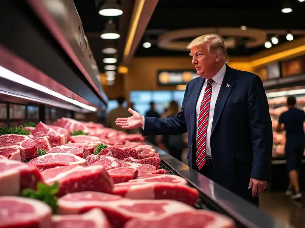 President Trump gesturing toward meat displays in a grocery store with shoppers browsing in the background