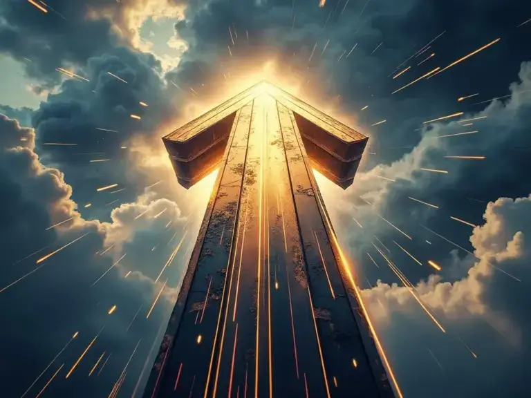 "Bold upward arrow breaking through storm clouds with golden sunlight, symbolizing triumph and determination"