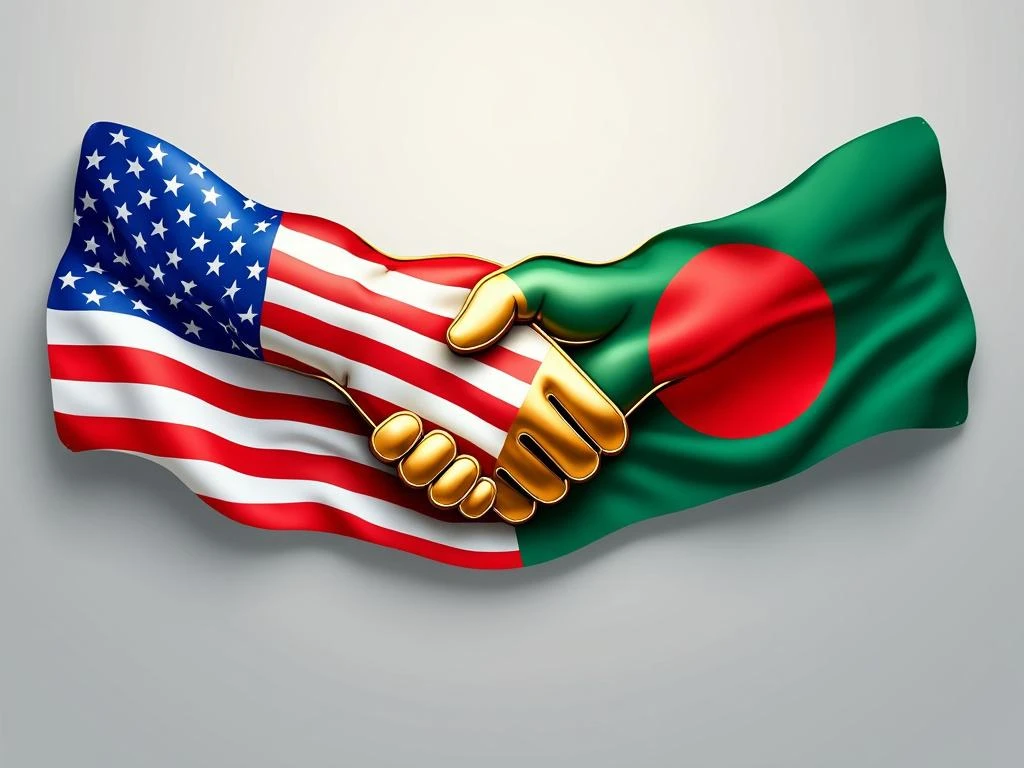 "US and Bangladesh flags with golden handshake overlay, symbolizing diplomatic cooperation and trade partnership"