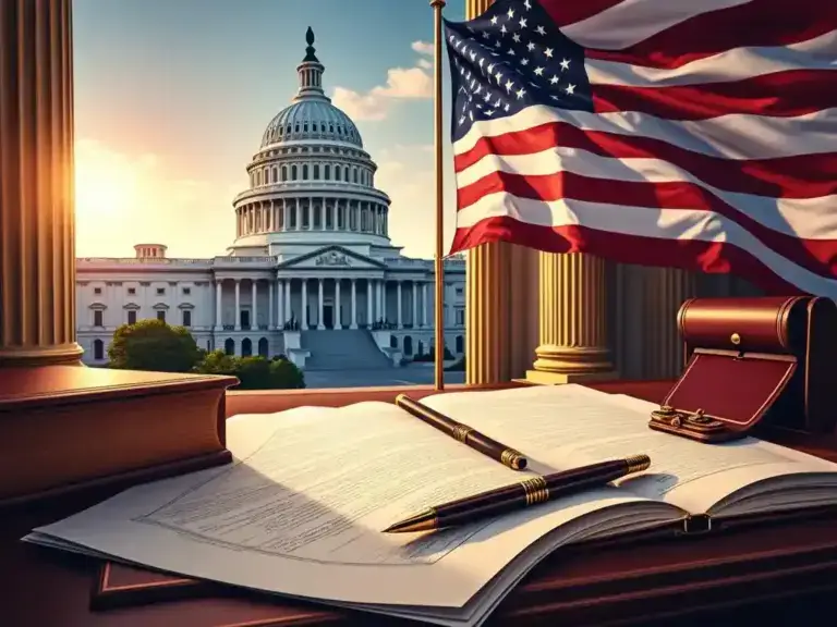 "U.S. Capitol dome with American flag, government documents, and fountain pen on mahogany desk in official setting"