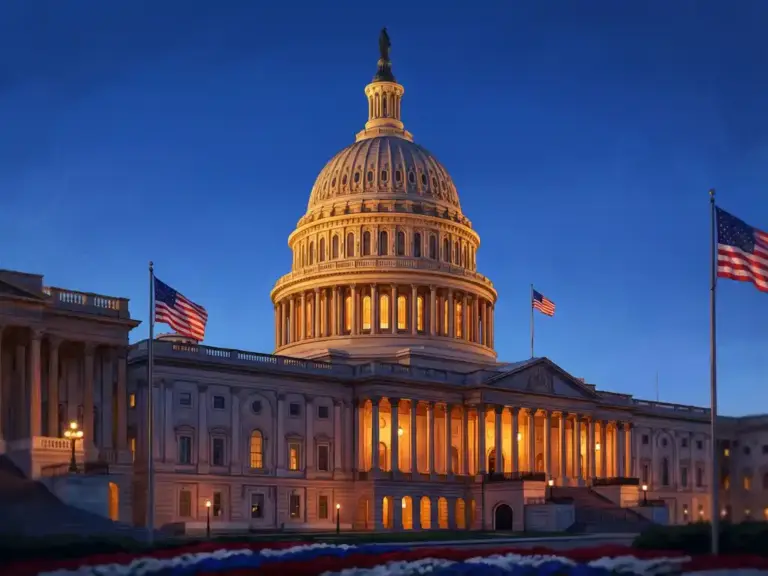"US Capitol building dome illuminated against evening sky with golden lighting and patriotic colors"