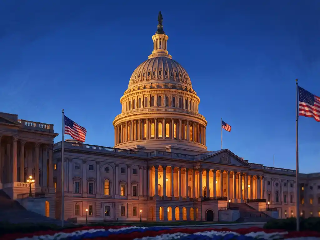"US Capitol building dome illuminated against evening sky with golden lighting and patriotic colors"