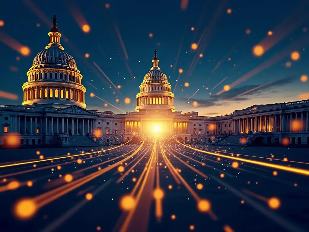 "Digital illustration showing US Capitol and Indian Parliament connected by golden trade ribbons, symbolizing partnership"