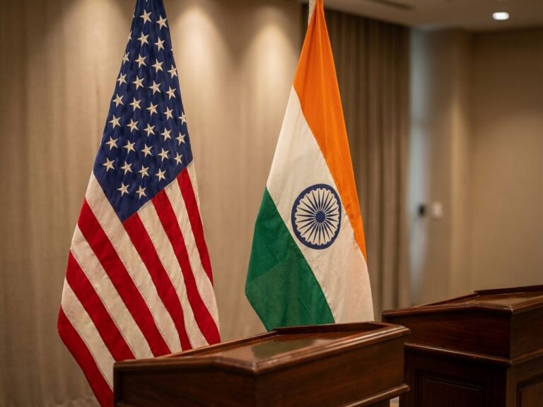 "American and Indian flags displayed side by side on wooden podiums in a formal diplomatic setting"
