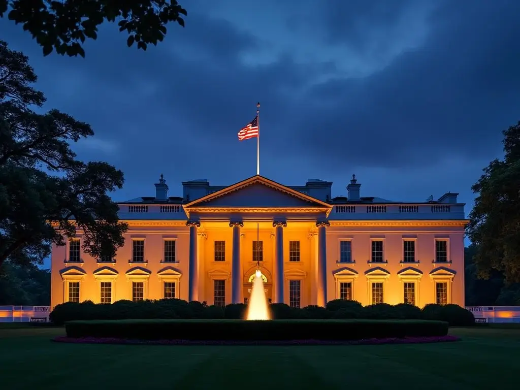 White House South Portico at dusk with American flag, illuminated columns, and manicured lawn under golden hour lighting.