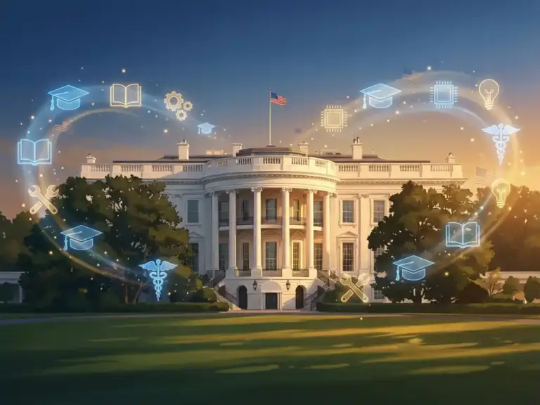 "White House building with floating graduation caps and career symbols in golden hour lighting, blue and gold color palette"