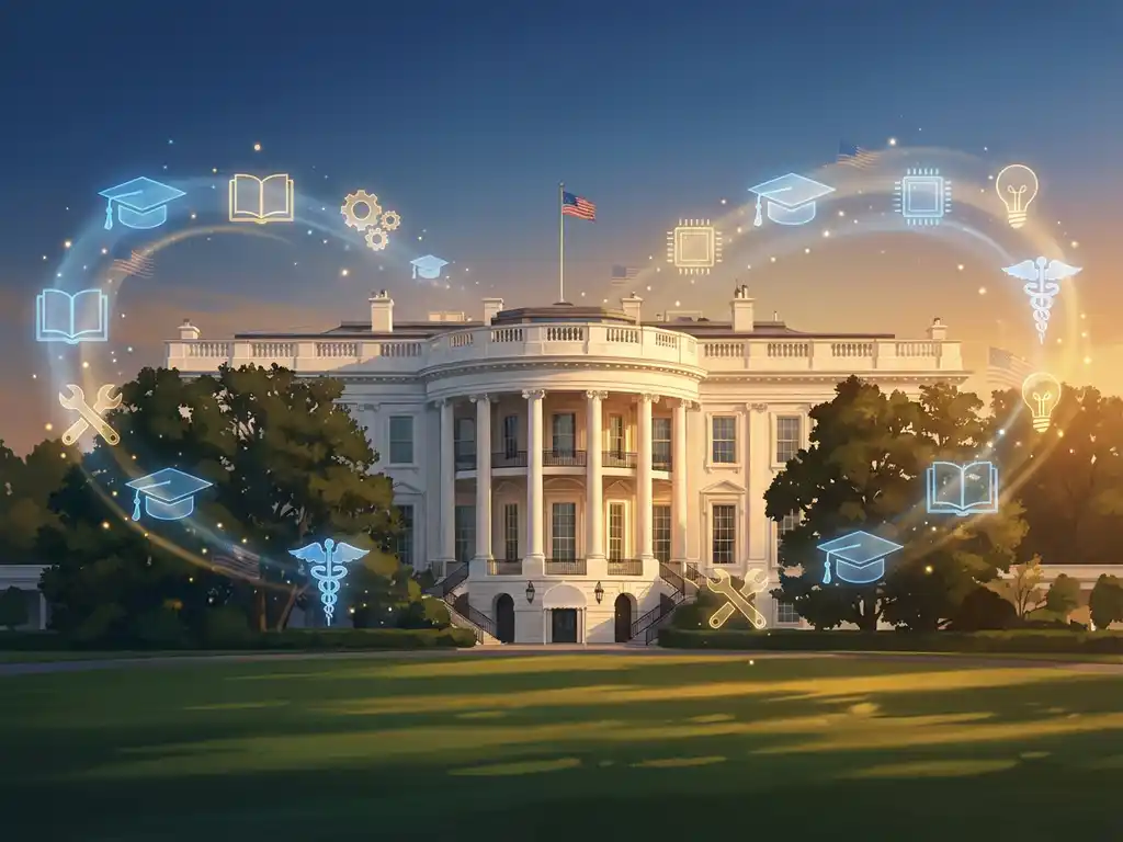 "White House building with floating graduation caps and career symbols in golden hour lighting, blue and gold color palette"