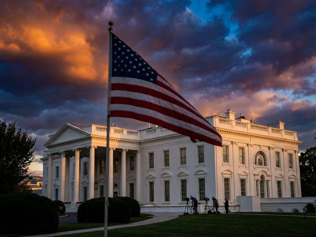 White House exterior at sunset with American flag in foreground and dramatic cloudy sky, shot in professional news style.