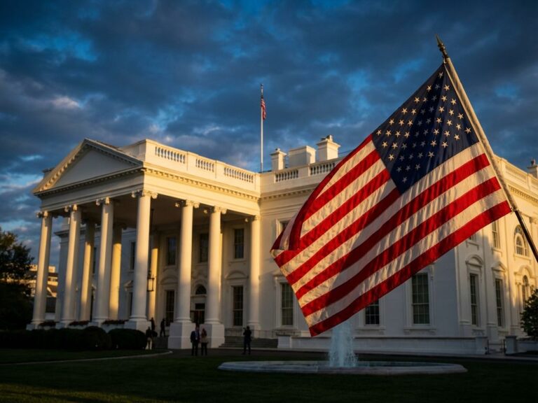 "White House exterior at sunset with American flag in foreground, dramatic blue sky, professional photography style"