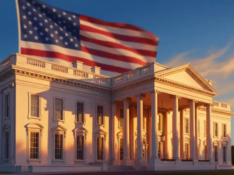 "White House building with golden hour lighting, American flag in background, and blue sky with clouds"