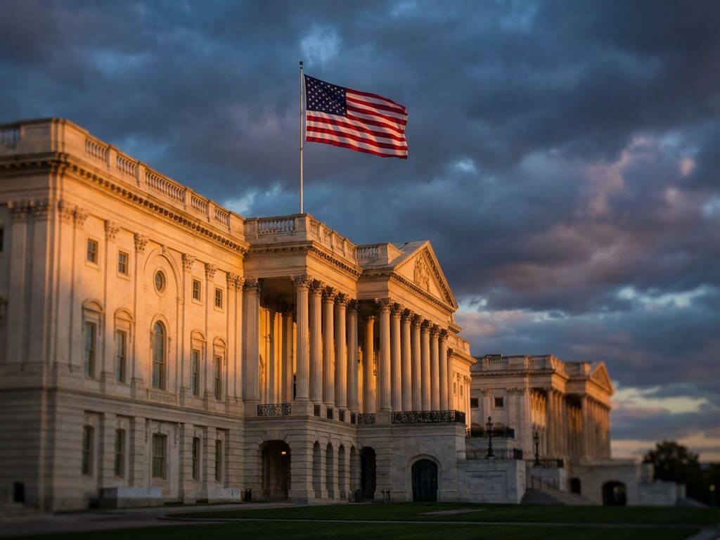 White House with American flag against cloudy sky during golden hour sunset, shot from ground level showing iconic columns.