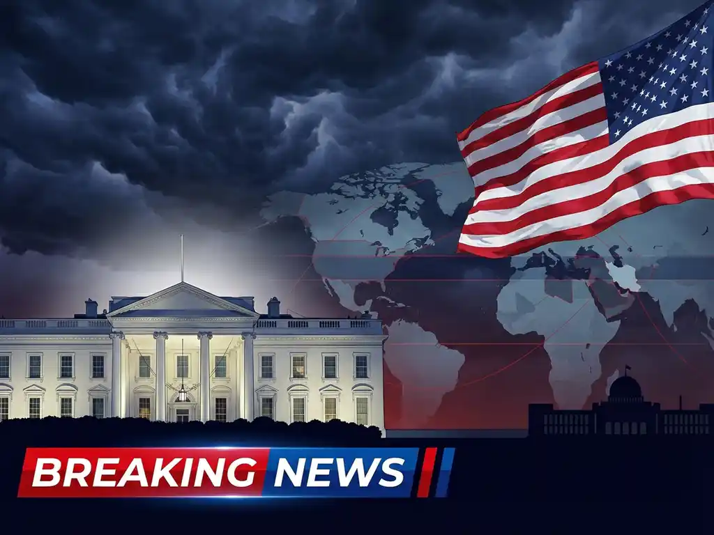 "White House with American flag in foreground, Iranian building silhouette in background over world map, stormy sky"