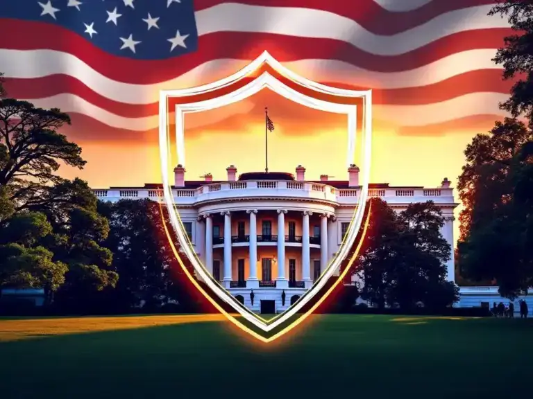 "White House with abstract protective shields in patriotic colors, dramatic lighting emphasizing security and authority"