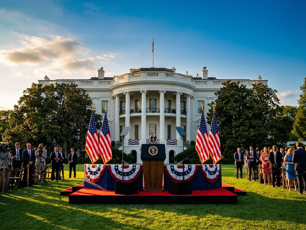 White House South Lawn with presidential podium, American flags, and classical architecture during golden hour lighting.