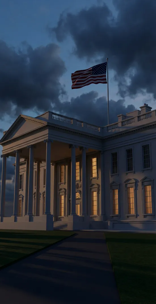 White House facade at dusk with storm clouds overhead, amber light glowing from tall windows, American flag rippling in the wind.