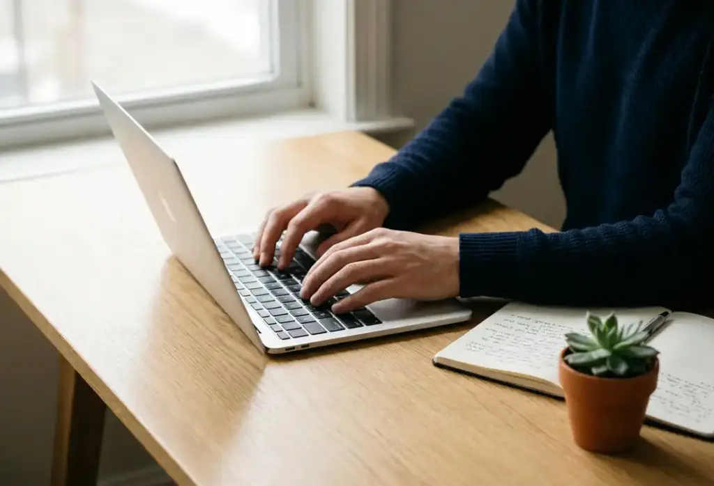 Blogger typing on a slim laptop at a wooden desk beside an open notebook, pen, and small succulent in soft morning light.