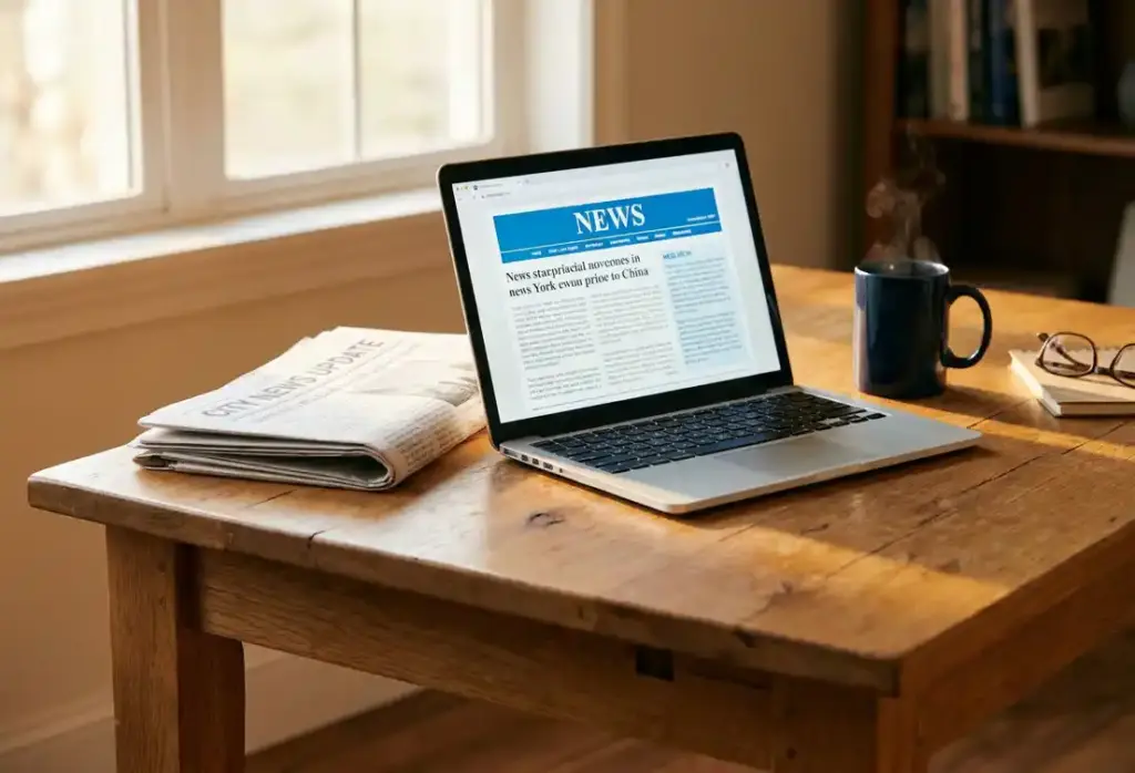 Oak journalist's desk with folded newspaper, open laptop displaying a news article, and steaming coffee mug in warm morning light.