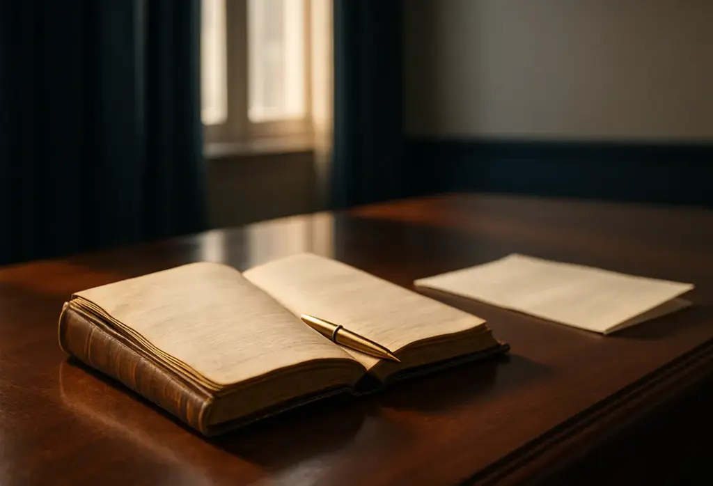 Worn leather journal open beside a folded document on a mahogany desk, brass pen centered, soft morning light casting long shadows.