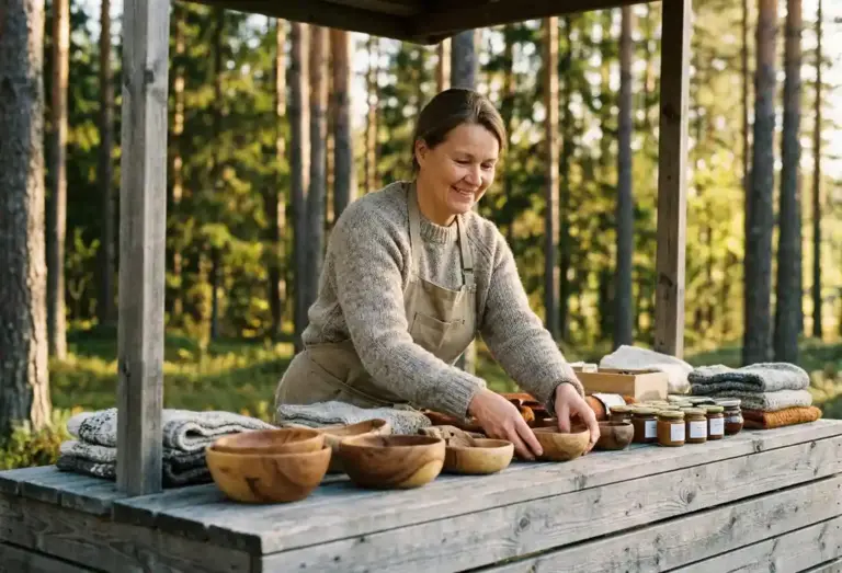 Фінська підприємниця розкладає handmade товари на дерев'яному ринковому прилавку, сонячне світло крізь сосни.